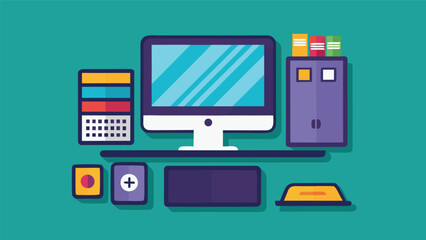 Colorful workspace design featuring a computer, calculator, and storage unit on a vibrant background