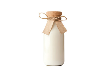 Glass bottle of fresh milk with a rustic twine bow on a white isolate background.