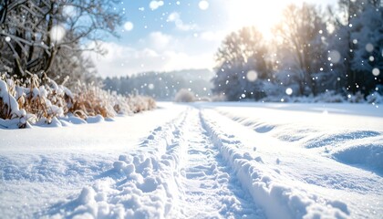 Winter Wonderland Path with Falling Snow and Bright Sun.