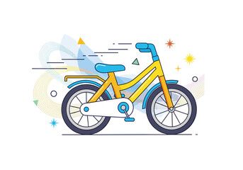 Fototapeta premium Vibrant yellow bicycle illustration with abstract geometric shapes and dynamic lines in a whimsical design
