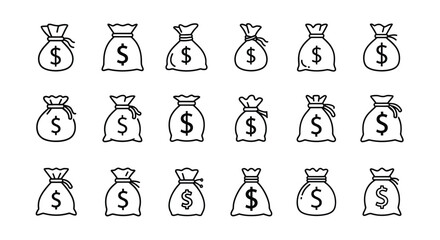 Collection of hand drawn money bag silhouettes with dollar signs