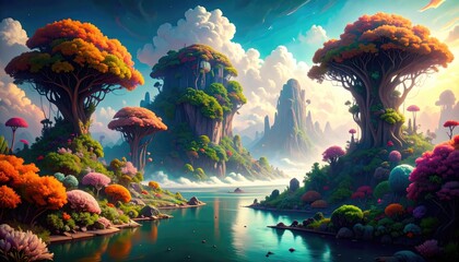 Whimsical Pixel Art Fantasy Landscape with Colorful Trees and Clouds