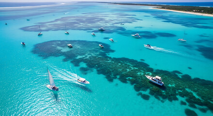 Obraz premium Aerial view of boats sailing on turquoise water over coral reefs near a tropical island coastline on a sunny day