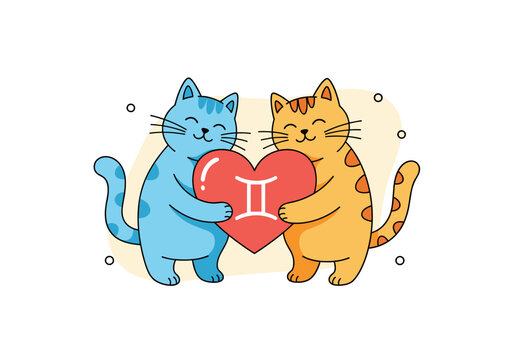 Two cute cartoon cats holding a heart with the gemini symbol together in friendship