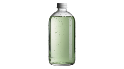 Sparkling green liquid in a clear glass bottle for health and wellness product mockups