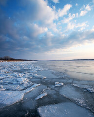 Frozen river with drift ice under winter sky, future-retro style. AI generative