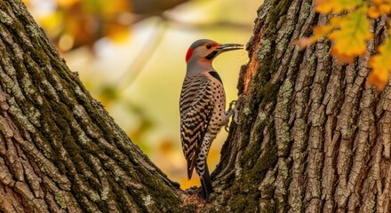 Naklejka premium A magnificent pileated woodpecker perched on a weathered tree trunk, displaying its striking patterns and vibrant colors against the backdrop of autumnal foliage.