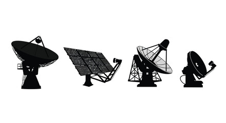 Collection of four distinct satellite dish silhouettes on white background
