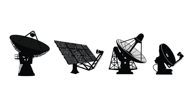 Collection of four distinct satellite dish silhouettes on white background