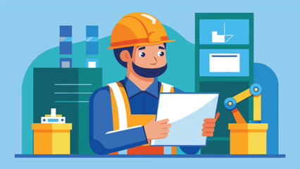 Construction worker reviewing plans in a modern workspace with tools and equipment