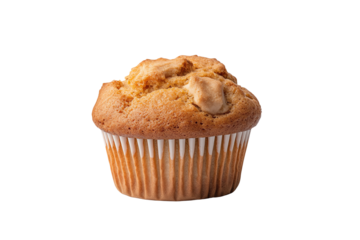Delicious homemade muffin with a golden brown top, placed on a white background for culinary appeal.