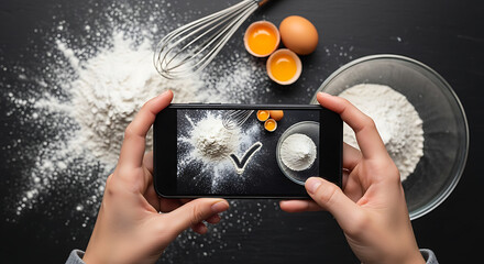 Person takes a picture of flour with a checkmark drawn in it, along with ingredients for baking like eggs and a whisk on a dark surface.