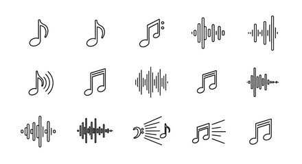 Collection of musical notes and sound wave icons silhouette