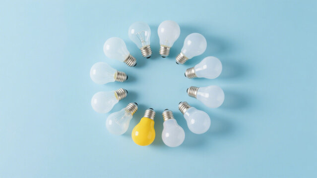 Circular Arrangement of Pear-Shaped Bulbs with Central Yellow Bulb on Light Blue Background - Symbolizing Innovation Among Common Ideas in Minimalist Design