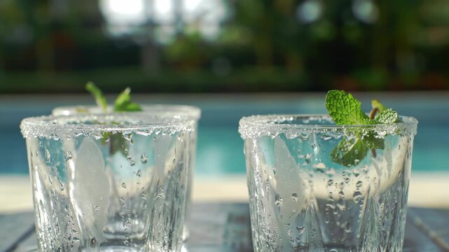 Refreshing drinks with mint garnish by pool. Cooling beverage, drink, mojito, refreshment, poolside, summer, cocktail.