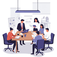 A diverse team of business professionals collaborates around a large conference table, examining a laptop and documents in a simplified 2D flat vector office illustration.