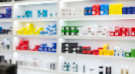 Blurred shelves with colorful product packaging in a store