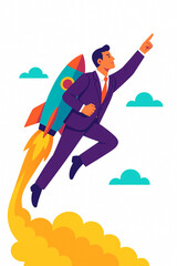 Businessman soaring with rocket, symbolizing business growth, success, and innovation in the sky