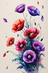 Vibrant bouquet of colorful poppies in watercolor style  