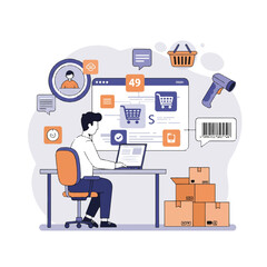A 2D flat vector portrays an e-commerce manager at a desk, looking at a laptop with shopping cart icons, surrounded by delivery boxes and a barcode scanner.
