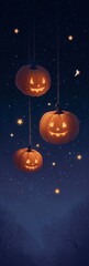 Fototapeta premium Floating jack-o-lanterns under moonlit sky, three glowing pumpkins suspended among stars magical Halloween scene for digital and print design.