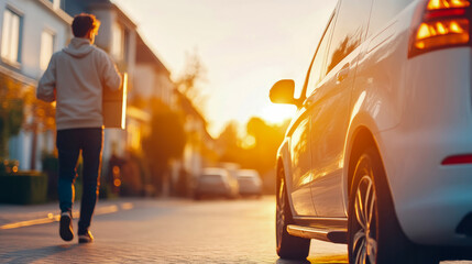 Golden hour light bathes quiet neighborhood street, highlighting person walking with box and gleaming side of white car parked on right.