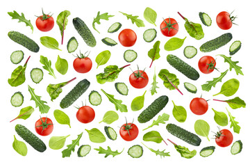 Bright summer salad ingredients of green vegetables, tomatoes and leafy greens as pattern,...