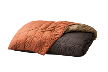Cozy, folded sleeping bag with orange and brown colors, perfect for outdoor adventures and camping trips.