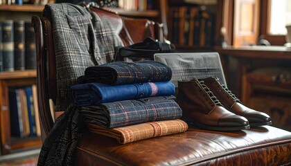 A close-up snapshot of a neatly arranged business casual outfit shirt, sweater, and belt with brown leather shoes and a laptop resting on a classic leather chair