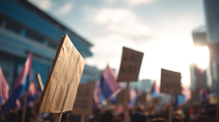Crowd of protesters holding blank cardboard signs under bright sunlight during a demonstration in the city streets