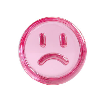 A glossy, pink, circular emoticon with a downturned mouth and sad expression