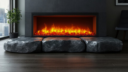 Cozy contemporary living space featuring glowing electric fireplace with vibrant flames, unique dark stone seating, tall green potted plant, and captivating city view through large window
