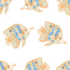 Tropical nice fish on white background. Art sea seamless pattern. Vector. Perfect for design templates, wallpaper, wrapping, fabric, print and textile. 