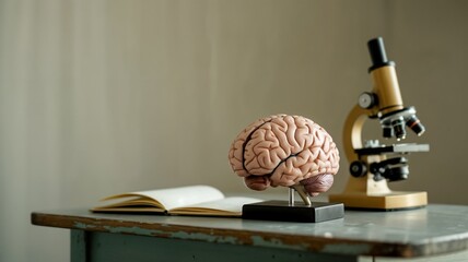 Educational Science Scene with Anatomical Brain Model, Microscope, and Lab Notebook — Classroom Table Setup with Neutral Background and Soft Shadows