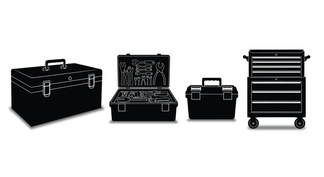 Collection of assorted toolboxes and rolling tool chest silhouette