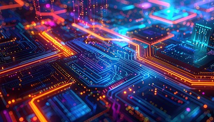 Obraz premium Abstract Circuit Board Background with Glowing Neon Orange and Blue Light Trails on a Dark Surface