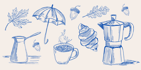Blue ink sketch autumn collection. Set with filter coffee maker, moka pot, umbrella, mug, croissant, leaves and acorn. One-line vector hand drawing.