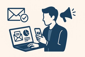 Digital marketer manages email campaigns on laptop and smartphone, sending newsletters, analyzing performance, engaging subscribers, and driving business growth with personalized content.
