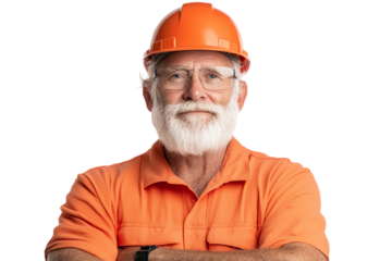Confident senior construction worker with beard wearing protective gear, isolated on white background.