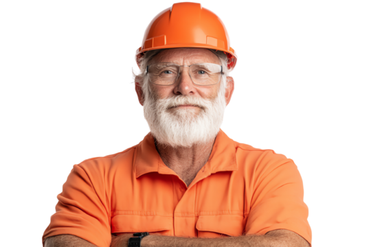 Confident senior construction worker with beard wearing protective gear, isolated on white background.