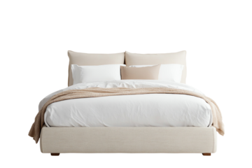Elegant bed with white linens and soft pillows, perfect for a cozy bedroom setting, white isolate background.