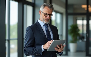 Busy middle aged business man ceo wearing suit standing in corporate office using digital tablet. Mature older businessman professional executive manager investor working on tech tab device.