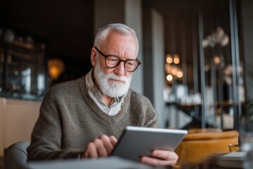 Senior man focused on tablet in cozy cafe setting during afternoon