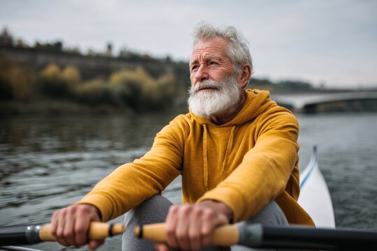 Senior man rows along a calm river during early morning light in picturesque natural surroundings