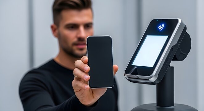 Contactless payment technology: person using smartphone for secure and seamless transaction at modern terminal - Powered by Adobe