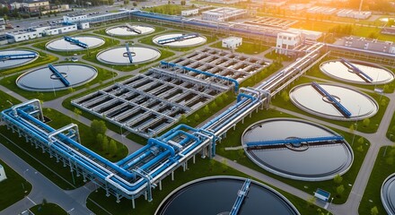 Aerial view of modern wastewater treatment facility with circular tanks and advanced filtration systems for efficient water management