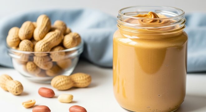 Glass jar filled with creamy peanut butter next to a bowl of peanuts