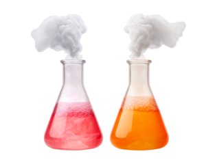 Dynamic Chemical Reaction in Lab Flasks: Colorful Bubbling Liquids and Smoke isolated on a transparent background