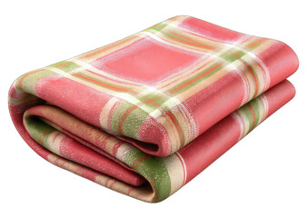 Folded plaid blanket in red, green, and beige