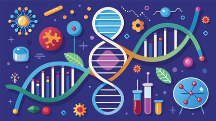 Colorful illustration of DNA, microbes, and scientific tools in a lab setting highlighting biotechnology concepts
